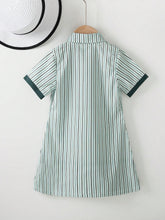 1pc Toddler's Casual Short Sleeve Collared Green Striped A-Line Dress With Button Front And Cinched Waist, Summer